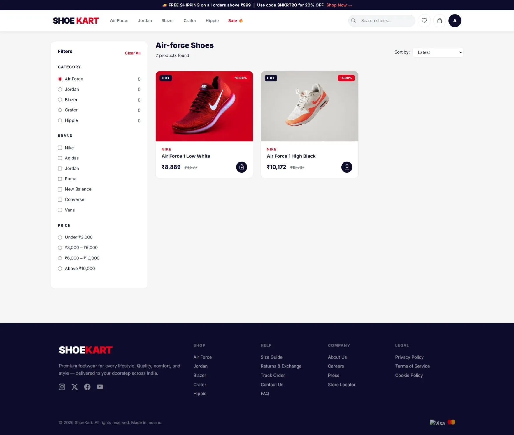 ShoeKart category listing and filters