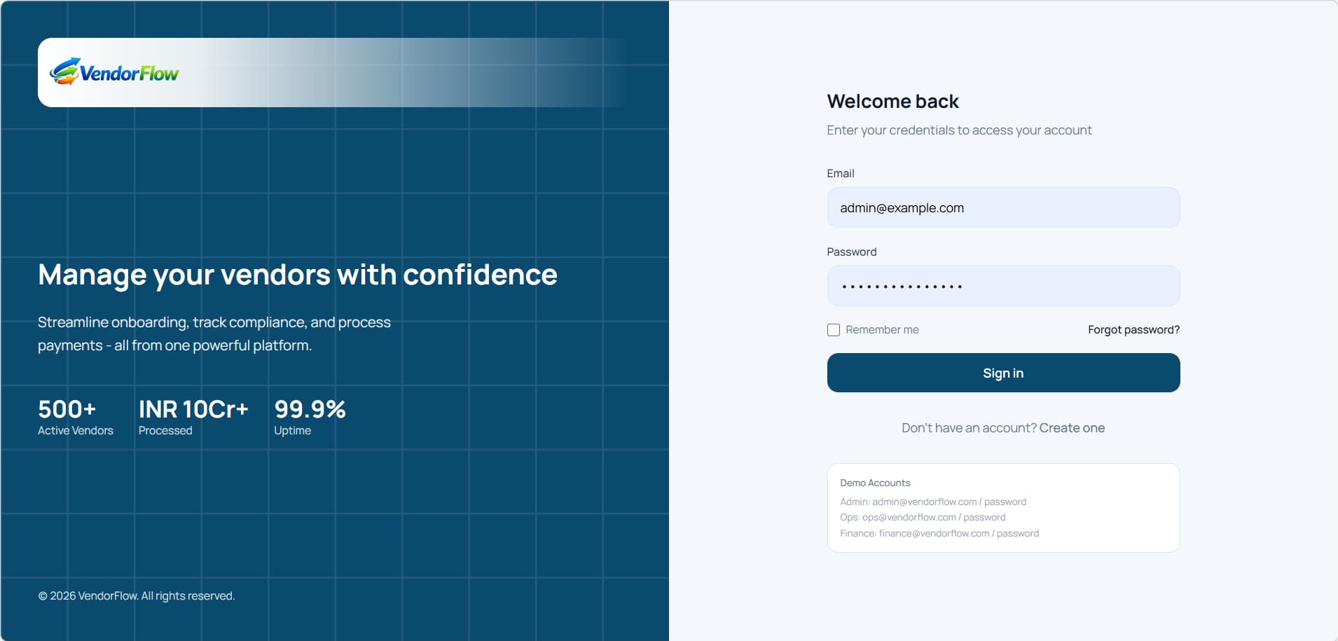 VendorFlow login screen